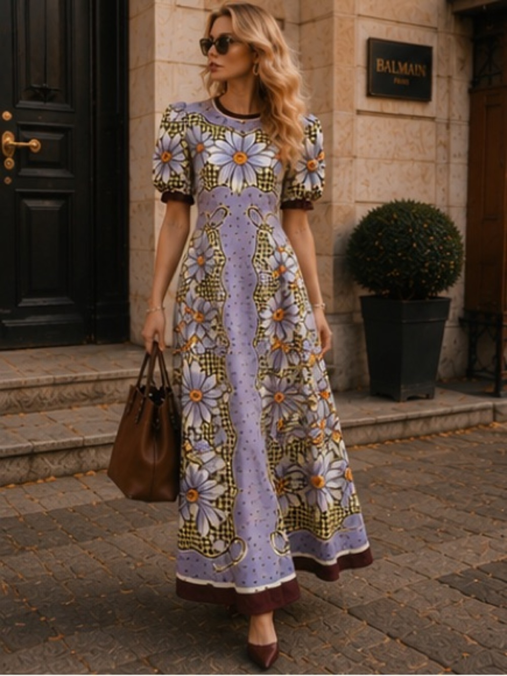 Alemais Lavender Floral Midi Dress with Puff Sleeves and Brown Trim